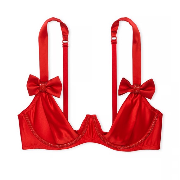 Victoria's Secret Other - Victoria’s Secret Dream Angels Wicked Twinkle Bows Red Satin Open-Cup Bra Large